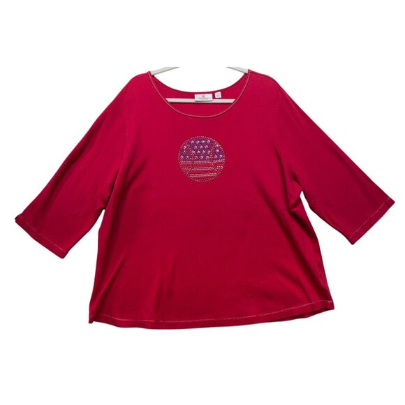 Quacker Factory Womens Embellished 3/4 Sleeve Top 2X Red Cotton - Picture 1 of 9